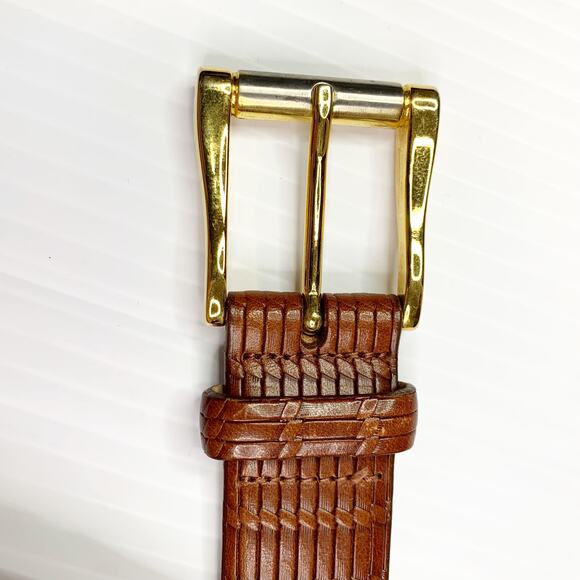 Bally Leather Woven Belt Size 36 Italy Brown Gold Hardware Basket Weave 10029
